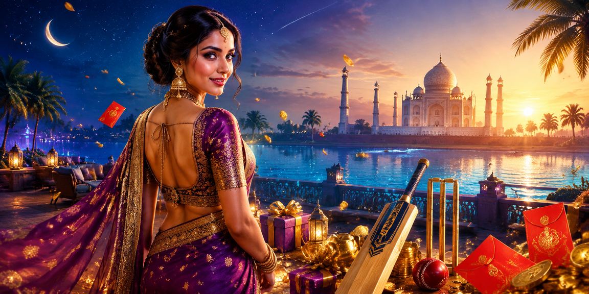 Taj Mahal illuminated at night with cricket and betting culture overlays